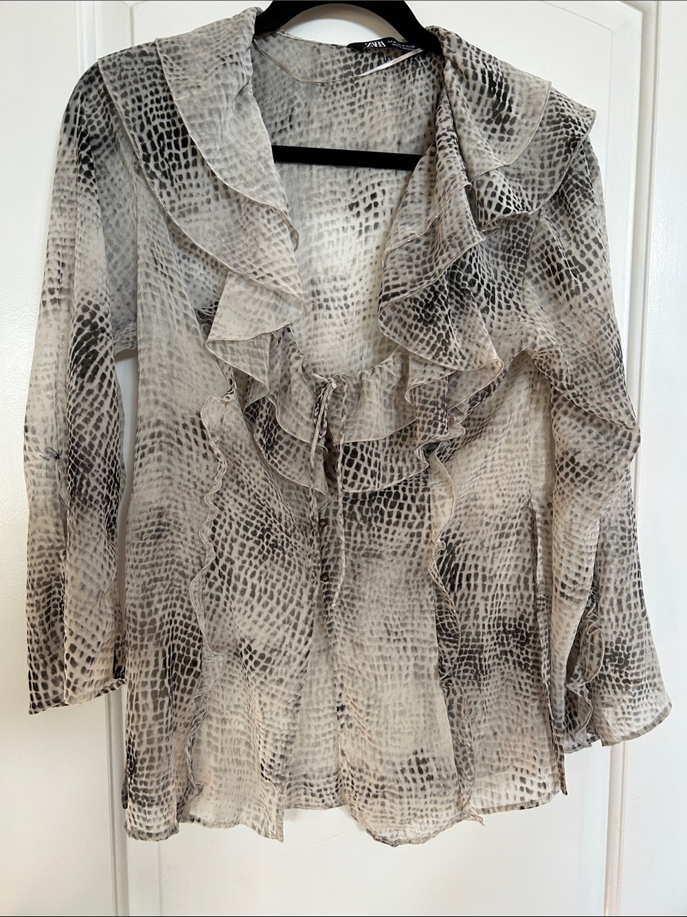 Zara Sheer Ruffled Blouse in Neutral Snake Print